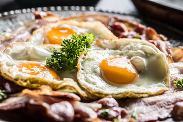 Close-up roasted bacon and egg with herbs.