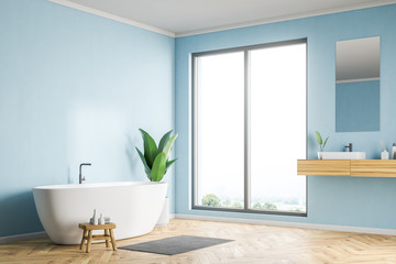 Blue bathroom corner, sink and tub