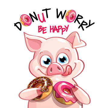 Vector illustration of cartoon pig with donuts.