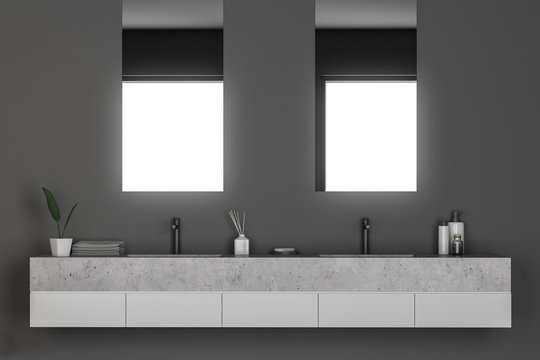 Gray bathroom interior, double sink