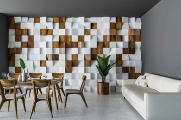 Wooden tile dining room interior, sofa