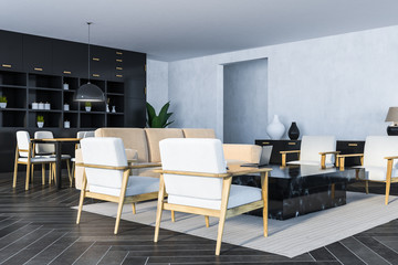 White living room, black marble table side view