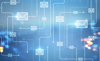Email icons in blurred night city
