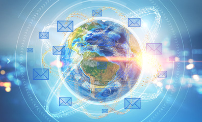 Email icons over earth, night city