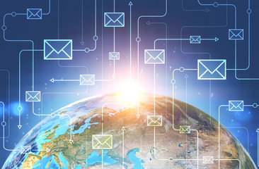 Email icons network, earth in space