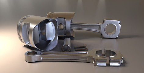 Pistons on background. Car parts. 3D rendering.