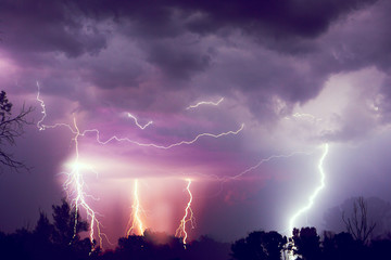 Lightning with dramatic clouds. Night thunder storm - obrazy, fototapety, plakaty
