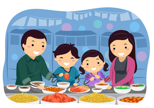 Stickman Family Korean Market Stall Illustration