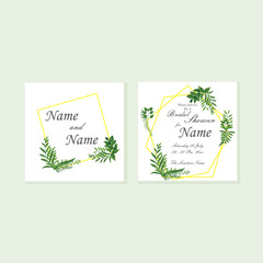 Wedding Invitation, floral invite thank you, rsvp modern card design with green leaf greenery and branches decorative wreath & frame pattern. Vector elegant watercolor rustic template.