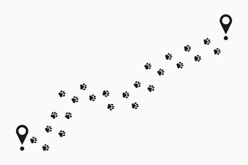 Paw print path. Animal pawprint trail tracking with location pin. Paw steps route. Vector illustration.