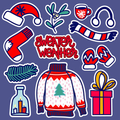 Hand-drawn illustration of a Christmas knitted wear: santa's hat, sock, scarf, mittens with an inscription sweater weather