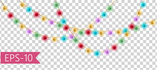 Set of multicolor lamps garlands, festive decorations. Glowing christmas lights isolated on transparent background. Vector. EPS-10