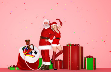 Happy woman in christmas outfit and santa claus enjoying holidays season,3d rendering