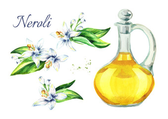 Neroli oil set. Watercolor hand drawn illustration  isolated on white background