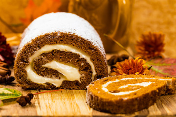 Pumpkin Cake with Cream Cheese Filling. Autumn Baking. Selective focus.