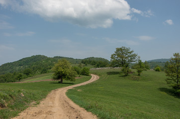 Landscape with hills, meadows and dirt road on Radan mountain massif, near rock formation Djavolja Varos (Devil's town) in the South of Serbia.