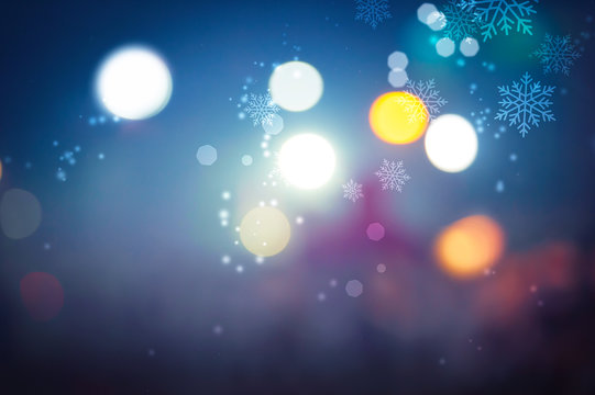 Abstract bokeh and snowflake in ice fog,illustrator..Heptagon and round bokeh with white snowflake in  blue fog background ..