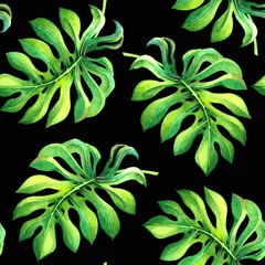 Papier Peint photo Monstera Beautiful green watercolor monstera plant leaves isolated on black background. Seamless floral pattern with leaves for decoration, banner, summer beach party poster, greeting card, wallpaper, design