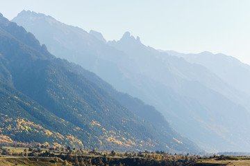 Mountain autumn landscape in the fog.
