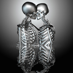 3d illustration of metal skeleton couples kissing in water