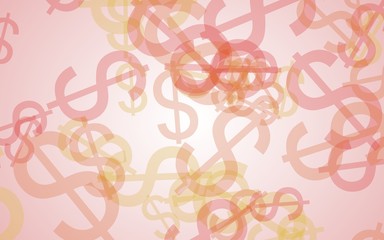 Multicolored translucent dollar signs on white background. Orange tones. 3D illustration