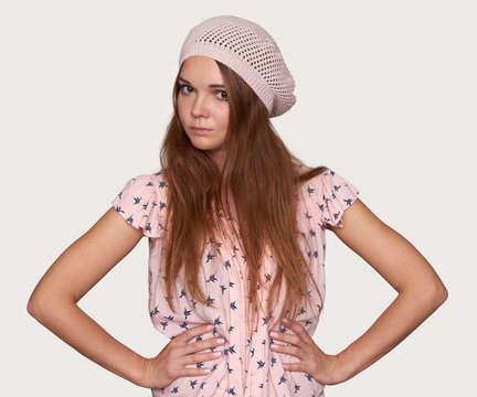 pretty hipster woman wearing hat. Isolated