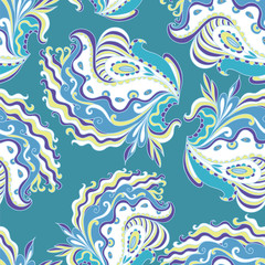Seamless hand - drawn pattern. Flower, waves, curls, nature theme, abstract elements Vector illustration