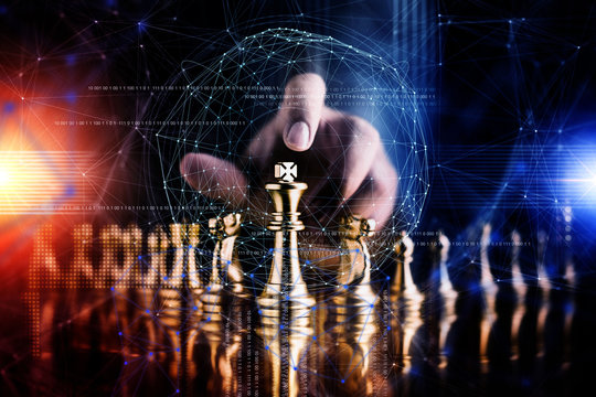 business strategy brainstorm chess board game with hand touch black background with free copy space for your text