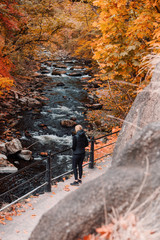 A blonde girl watching a beautiful mountain river with fall color tones trees on a october hiking...