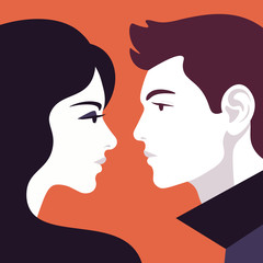 Man and woman in profile. Couple. Relationships in the family. Psychology. Vector flat illustration