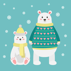 Polar bear with his mother. Animals dressed in a sweater, scarf and hat. Greeting card for winter holidays, Christmas and New Year. Cartoon character.  Children`s vector illustration.