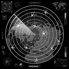 White military radar display with with planes traces and target sign on dark background