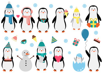 Cute Penguin set in different situations. Funny vector illustration for kids. Penguins with cup of cocoa, snowman, baby, gift, birthday cake, heart, balloon and ice cream. 