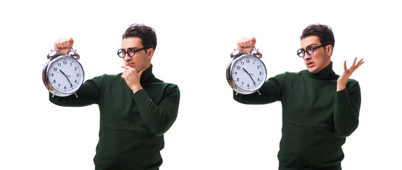 Nerd young money with giant clock isolated on white