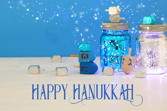 Image of jewish holiday Hanukkah with dreidels colection (spinning top).