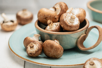 royal champignons in ceramic tableware on wooden white background