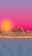 Sun Sea Beach. Sunset. Ocean shore line with waves on a beach. Island beach paradise with waves. Vacation, summer, relaxation. Seascape, seashore. Minimalist landscape, primitivism. 3D illustration