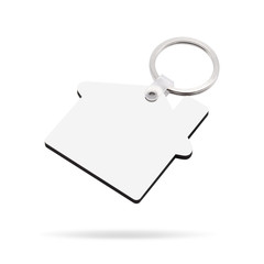 Blank key ring isolated on white background. Key chain for your design. Clipping paths object. ( House shape )