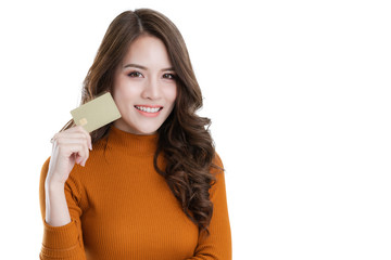 Naklejka premium beautiful asian elegance female enjoy online shopping with credit card and smartphone business ideas concept