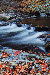 Blurry motion of a blue mountain river with autumn color tones leaves. Bode Gorge (Bodetal), National Park Harz Mountains, Thale,  Saxony-Anhalt in Germany