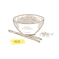 Rice in the bowl. Sticks. Sketch.
