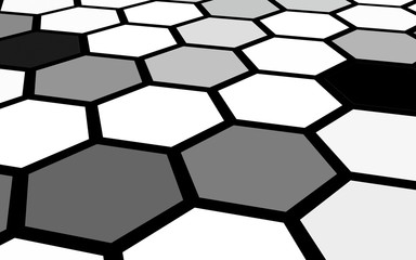 Black honeycomb with a gradient color. Perspective view on polygon look like honeycomb. Isometric geometry. 3D illustration
