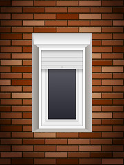 Windows with rolling shutters on brick wall