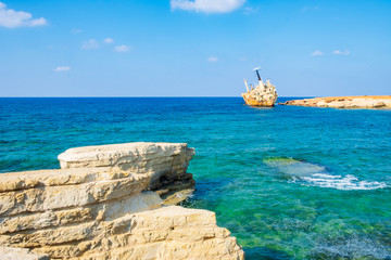 Abandoned rusty ship wreck EDRO III in Pegeia, Paphos, Cyprus.