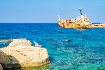 Abandoned rusty ship wreck EDRO III in Pegeia, Paphos, Cyprus.