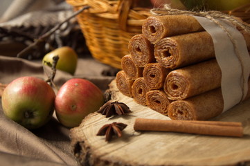 Tasty healthy fruit roll-ups made from apples (Russian pastila).