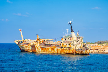 Abandoned rusty ship wreck EDRO III in Pegeia, Paphos, Cyprus.