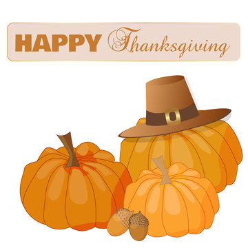 Happy Thanksgiving Day greeting card with traditional pumpkins in pilgrim hats