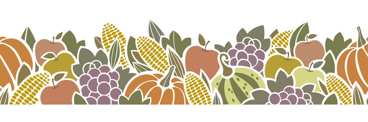Autumn Thanksgiving harvest seamless border with fruit and vegetables. 