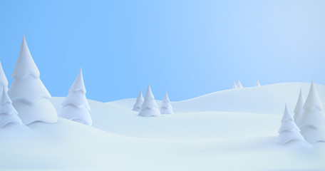 Winter landscape with snowdrifts and snowy fir trees.